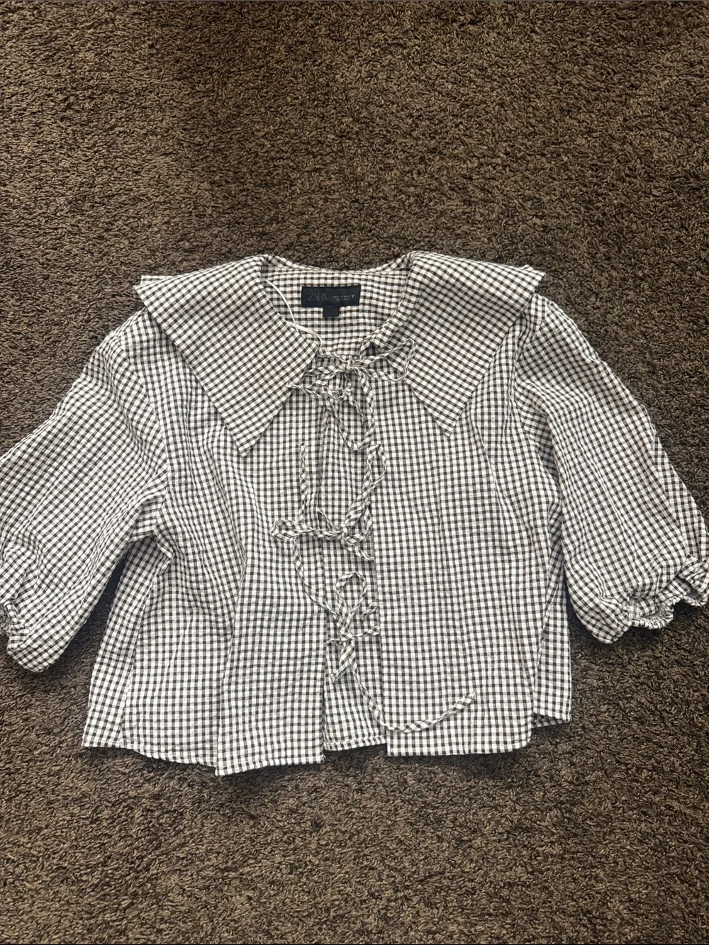 Zara Black and White Gingham Tie-Front Top with Peter Pan Collar